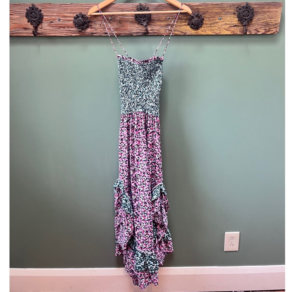 Free People Classic Combo Floral Smocked Midi Dress Pink Green‎ XS OB1621271